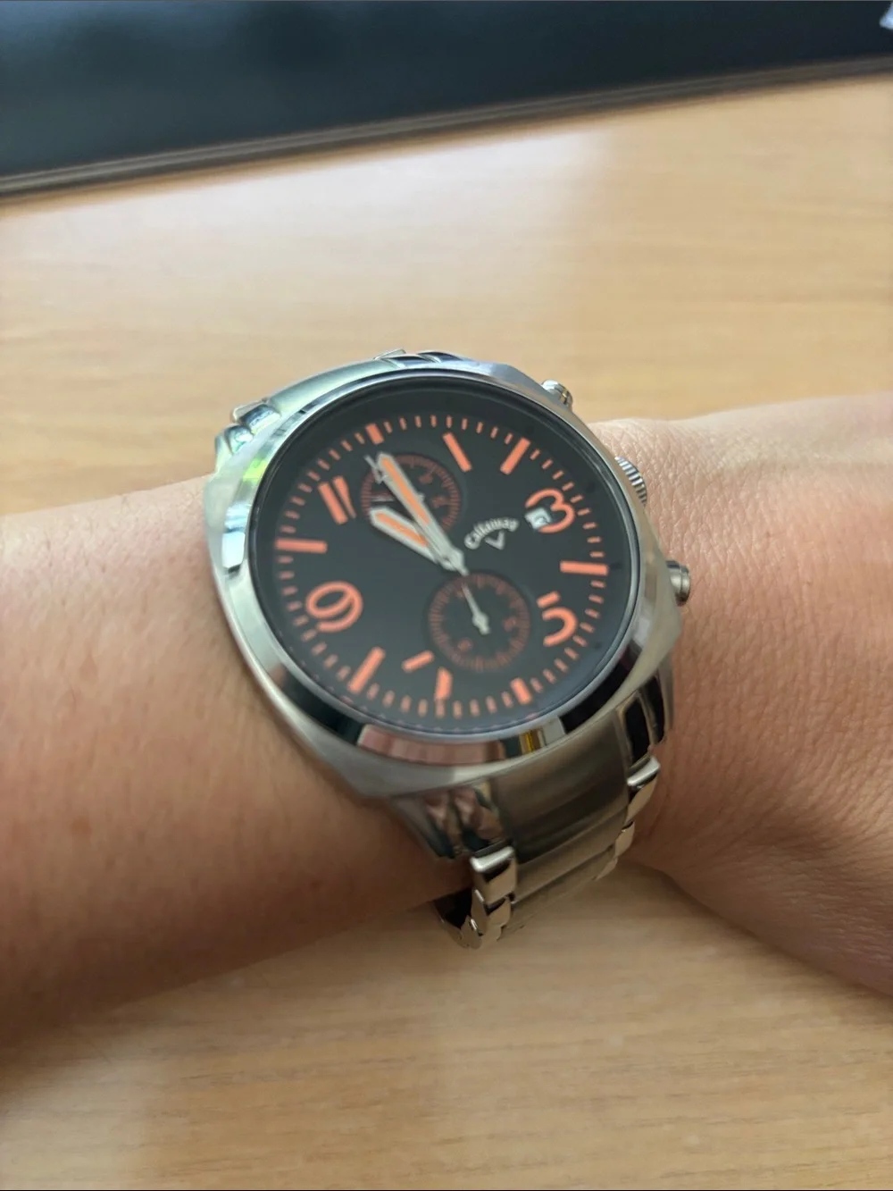 Callaway Black Dial Watch with Orange Accents and Silver Bracelet